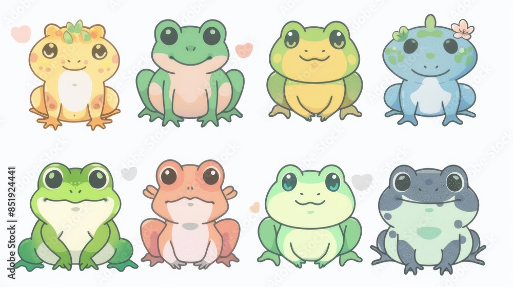 Fototapeta premium Sweet and delightful kawaii style frogs, each frog illustrated with unique, charming designs and pastel colors, on white