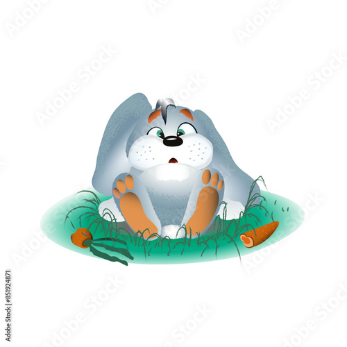 colorful vector illustration of a playful hare who has eaten too much carrots and sitting on the grass photo