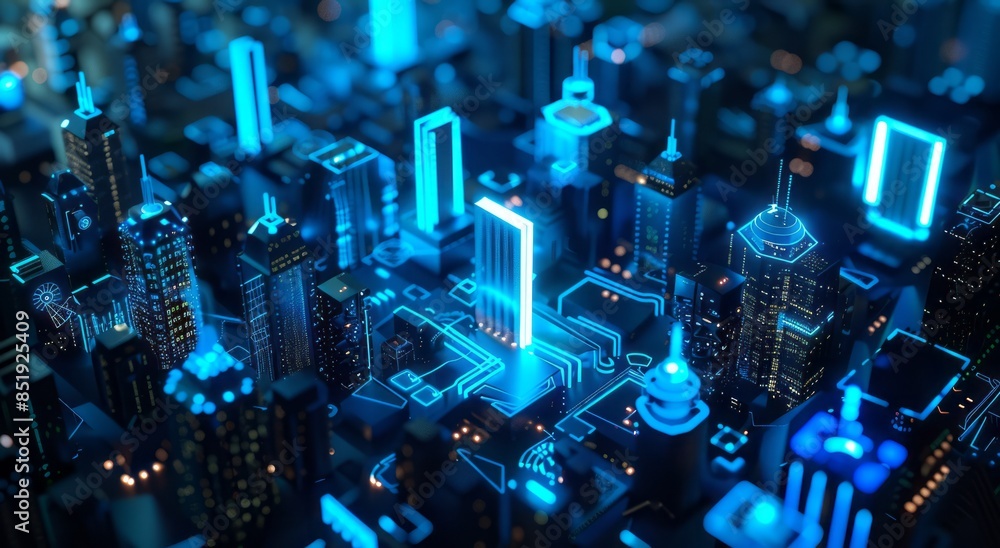3d cityscape of buildings with blue lights and data connections 3d cityscape of buildings with blue lights and data connections