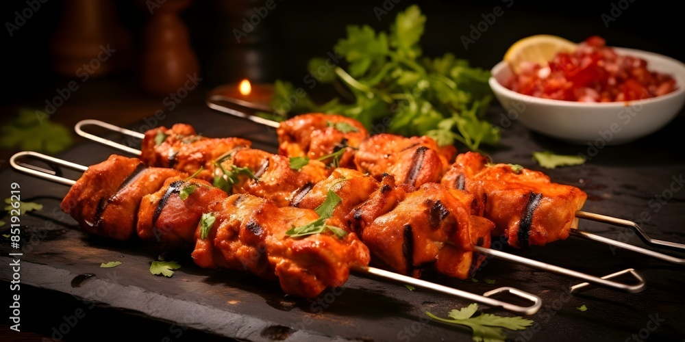 Delicious and Spicy Indian Tandoori Chicken Skewers. Concept Indian Cuisine, Tandoori Chicken, Spicy Recipes, Cooking Techniques, Grilled Skewers Delicious and Spicy Indian Tandoori Chicken Skewers. Concept Indian Cuisine, Tandoori Chicken, Spicy Recipes, Cooking Techniques, Grilled Skewers