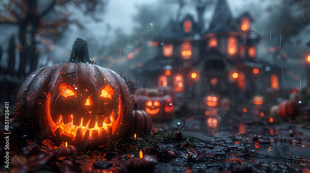 Fototapeta premium A creepy Halloween candy table in a yard with glowing pumpkins and spider webs.