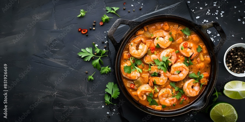Modern twist on Brazilian moqueca baiana fish stew in a contemporary cast iron dish. Concept Brazilian Cuisine, Moqueca Baiana, Fish Stew, Contemporary Twist, Cast Iron Dish Modern twist on Brazilian moqueca baiana fish stew in a contemporary cast iron dish. Concept Brazilian Cuisine, Moqueca Baiana, Fish Stew, Contemporary Twist, Cast Iron Dish