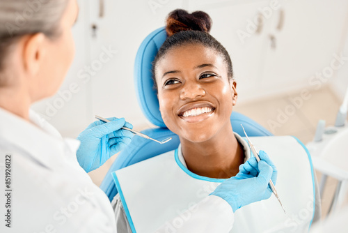 Mirror, smile and woman with tools, dentist and happy for oral health, healthcare and dental hygiene. Teeth, mouth and results for wellness of person, specialist and exam for treatment of patient