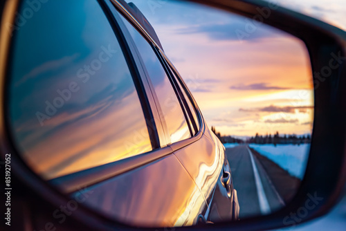 Reflection of Sunset Through Car Sideview Mirror