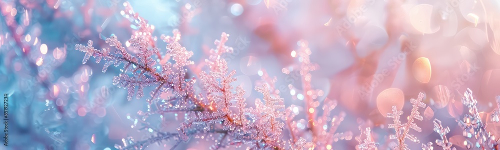 Sparkling crystal winter background. Detailed ice crystals, snowflakes and water drops for Christmas in bright pastel colors. Snowy landscape close up Sparkling crystal winter background. Detailed ice crystals, snowflakes and water drops for Christmas in bright pastel colors. Snowy landscape close up