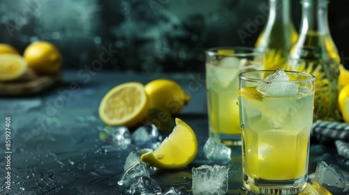 cold limoncello with ice. copy space