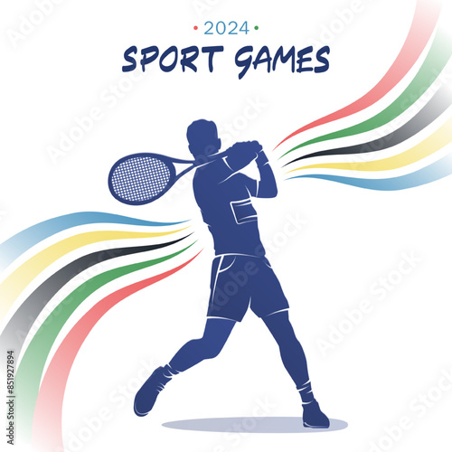 Template of poster for the 2024 sport games championship in Paris featuring a silhouette of male tennis player holding a racket with Olympic colors stripes or colorful wavy rainbow on white background