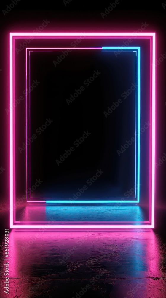 Square rectangle picture frame with two tone neon color motion graphic on isolated black background. 3D illustration rendering. Empty copy space Square rectangle picture frame with two tone neon color motion graphic on isolated black background. 3D illustration rendering. Empty copy space