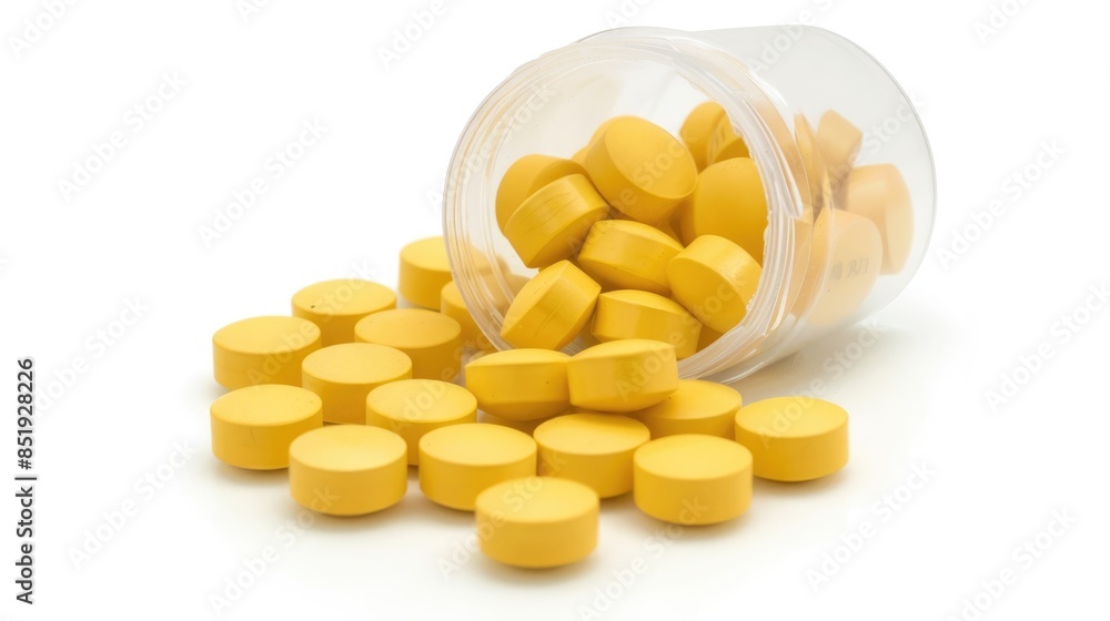 Yellow pills in plastic container on white background Yellow pills in plastic container on white background