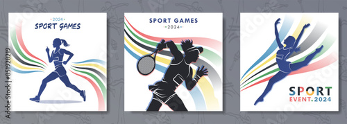 Set of posters with silhouettes of female tennis player, athlete woman in a race and gymnast girl against the Olympic colors wavy stripes background. 2024 sport games championship event in Paris 