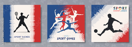 Set of posters with hand drawn silhouette of female gymnasts, tennis player and soccer player against the France flag background. Sports games event in Paris. Cards with olympic athletes 