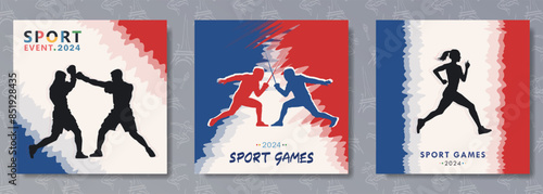  Posters with dynamic silhouettes of boxers, fencers and athletic woman in a race on France flag background for competition in Paris. Boxing, fencing sport and athletics as an Olympic disciplines