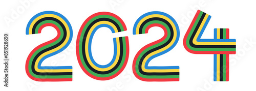 Template of bright text number 2024 with Olympic colors stripes, ribbons, flags, lines isolated on transparent background. Colorful lettering, font, logo for international sport games in Paris.