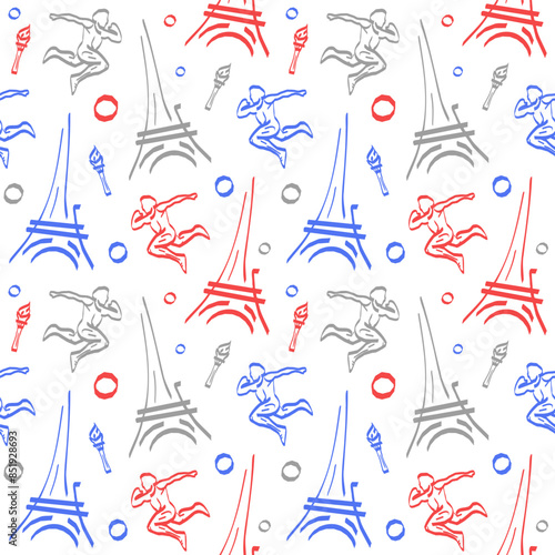 Seamless pattern with Eiffel tower, torch with flame, rings and athlete sportsperson in France flag colors. Endless wallpaper or background for sport championship, competition in Paris
