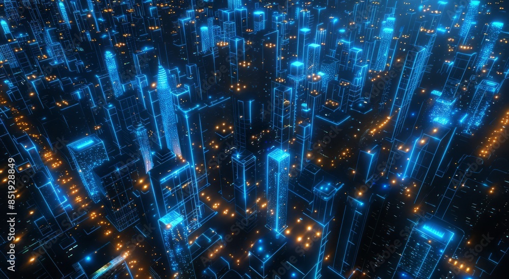 3d cityscape with digital connections, blue glow effect, night time 3d cityscape with digital connections, blue glow effect, night time