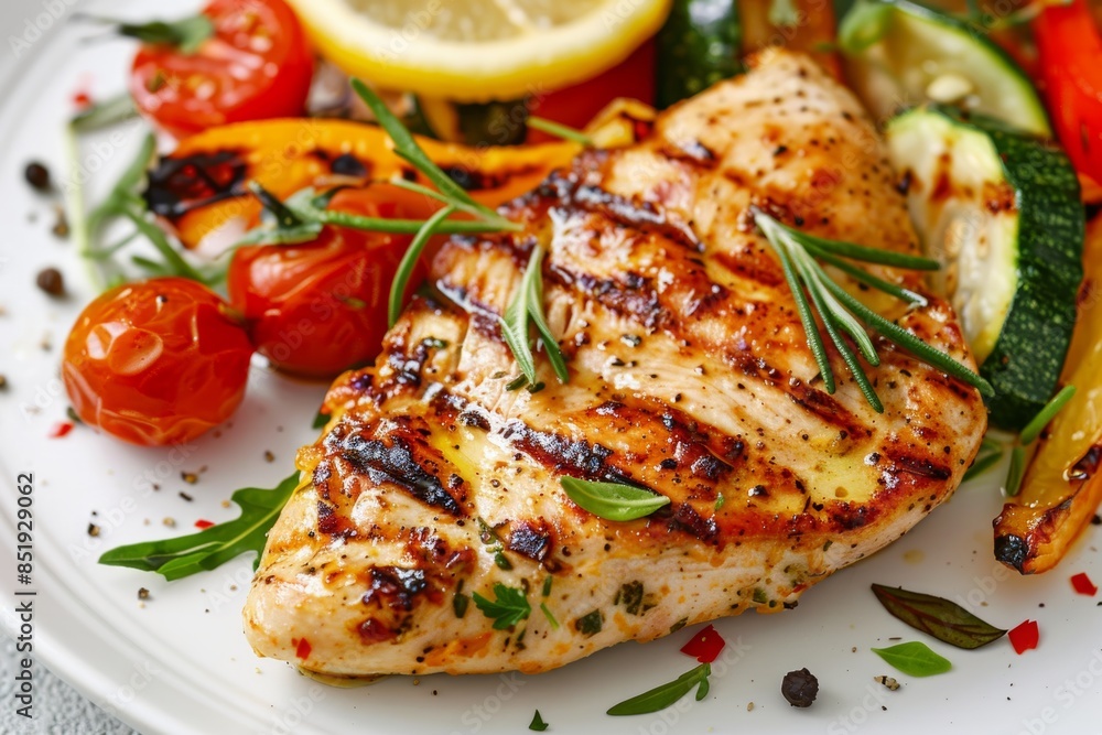 Juicy Grilled Chicken Breast with Perfect Grill Marks and Assorted Grilled Vegetables Juicy Grilled Chicken Breast with Perfect Grill Marks and Assorted Grilled Vegetables