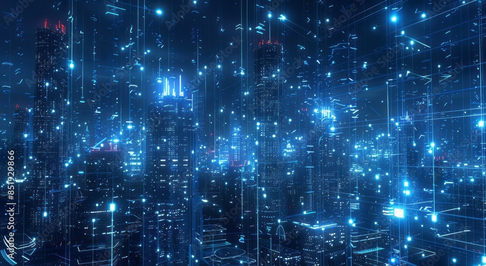 3d cityscape with digital connections, blue glow effect, night time 3d cityscape with digital connections, blue glow effect, night time