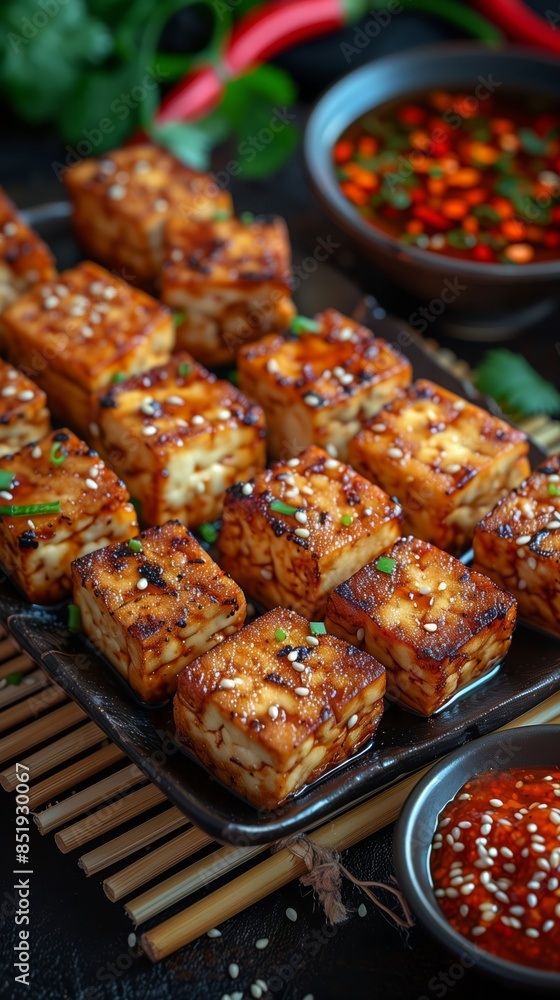 Deliciously fried tofu cubes seasoned with soy sauce and sesame seeds Deliciously fried tofu cubes seasoned with soy sauce and sesame seeds