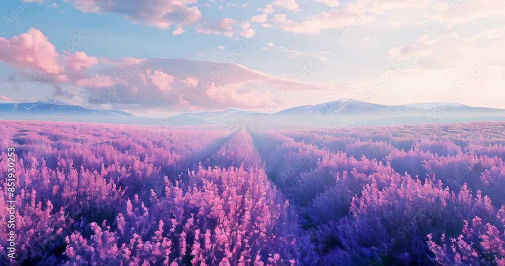 Ethereal 3D landscape with blooming lavender fields stretching towards the horizon, a serene and picturesque scene. 3D landscape terrain Ethereal 3D landscape with blooming lavender fields stretching towards the horizon, a serene and picturesque scene. 3D landscape terrain