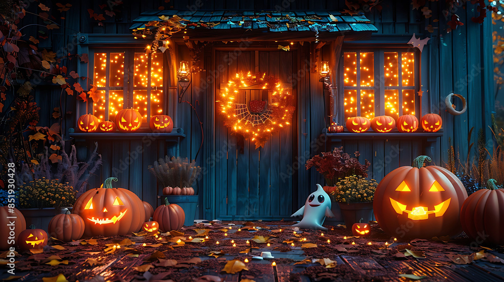 A festive Halloween candy display on a porch with ghost and pumpkin lights. A festive Halloween candy display on a porch with ghost and pumpkin lights.