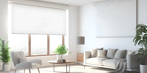Modern room interior design with automatic solar shades and roller blinds. Concept Home Automation, Interior Design, Solar Shades, Roller Blinds, Modern Decor