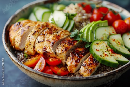 Healthy Buddha Bowl with Grilled Chicken and Fresh Vegetables - Perfect for Instagram Food Photography