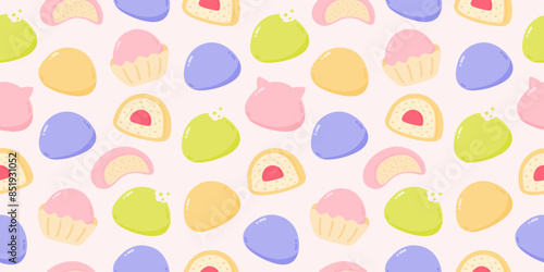 Seamless pattern with mochi of different tastes
