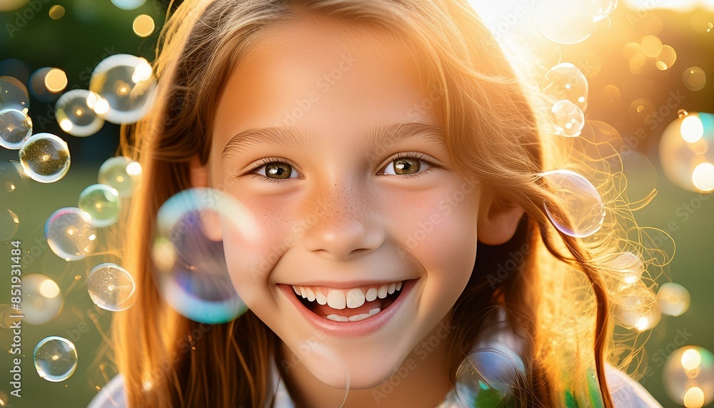 A young girl with wide, amber eyes filled with excitement, against a backdrop of floating bubbles A young girl with wide, amber eyes filled with excitement, against a backdrop of floating bubbles