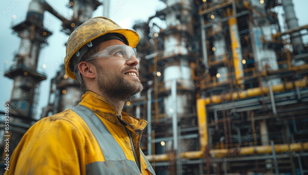 A worker in safety gear poses in front of an intricate industrial backdrop, possibly at a refinery or factory A worker in safety gear poses in front of an intricate industrial backdrop, possibly at a refinery or factory