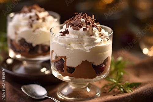 Decadent Chocolate and Vanilla Parfait with Whipped Cream and Chocolate Shavings.