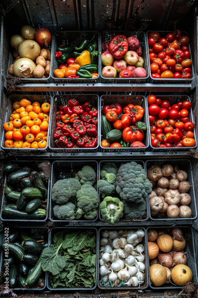 A large assortment of vegetables and fruits are displayed in a wooden crate. A large assortment of vegetables and fruits are displayed in a wooden crate.