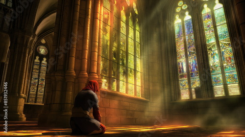 medieval knight kneeling in prayer inside a Gothic cathedral illuminated by stained glass windows