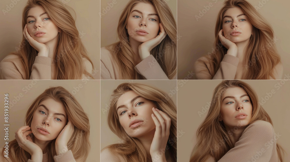 Multiple close-up portraits of a woman with varied poses. Contact sheet, proof sheet. Multiple close-up portraits of a woman with varied poses. Contact sheet, proof sheet.