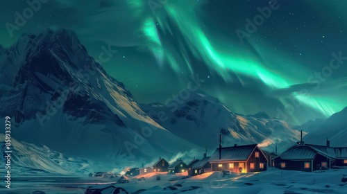 The aurora borealis swoops and sways in the frozen Arctic night sky, small town houses covered with snow, snowy mountains