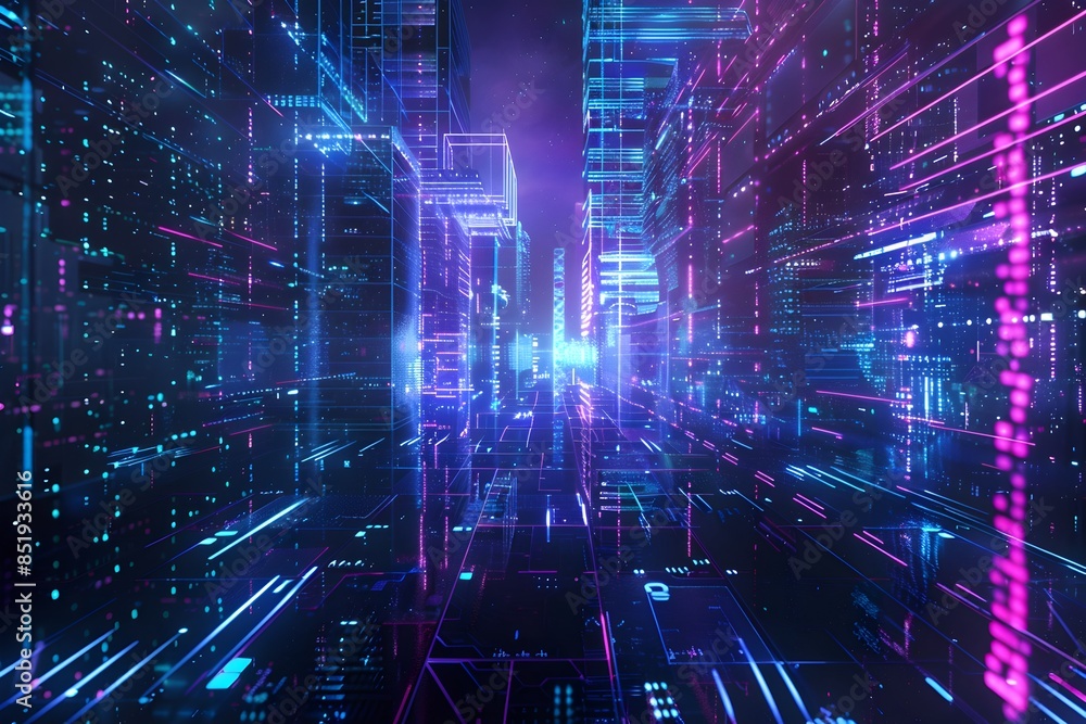 A dark background with neon blue and purple lights illuminating the space, creating an atmosphere of futuristic technology and digital worlds
A dark background with neon blue and purple lights illuminating the space, creating an atmosphere of futuristic technology and digital worlds