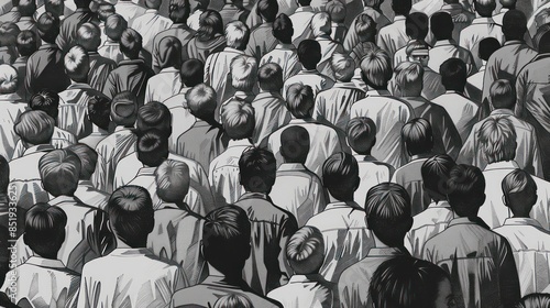 The black and white drawing shows a crowd of people and we can only see their backs. The concept of depersonalization of the masses, as all people are gray and stand densely in space photo
