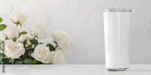 White 20oz Skinny Tumbler with Lid Against Blurred White Rose Backdrop. Concept Product Photography, Drinkware, Tumbler, White Roses, Blurred Background photo
