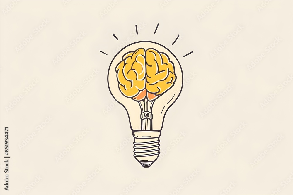 Light bulb with yellow brain inside on white background vector ...