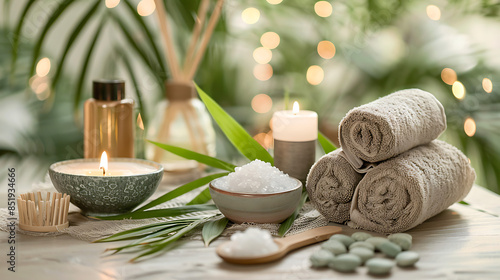 Serene Spa Setting with Rolled Towel, Candle, and Bath Salts