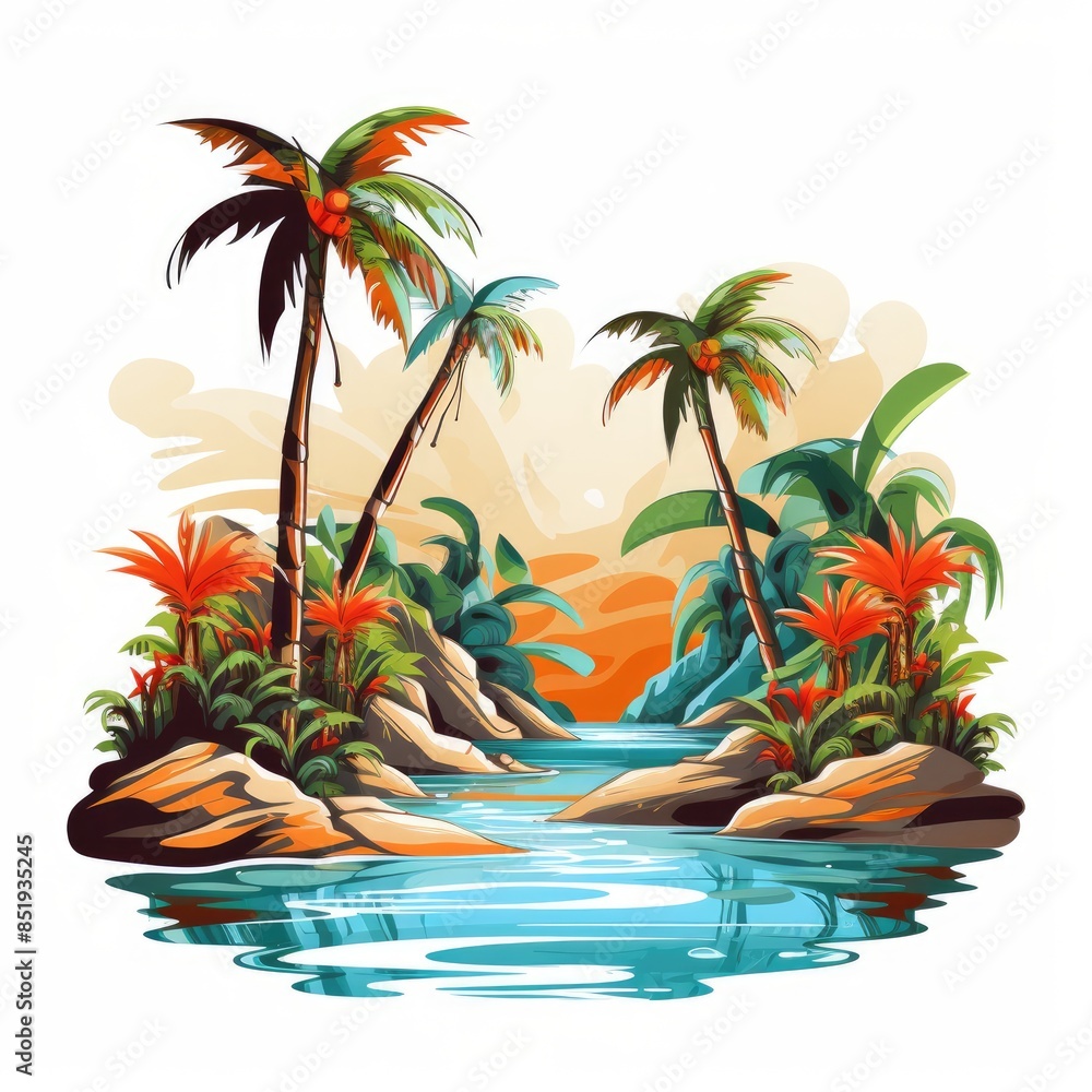 Obraz premium Tropical Paradise Lively Vector on a White Canvas