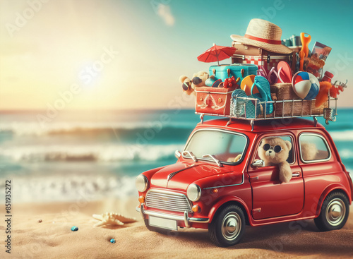 Reise Konzept, ein kleines rotes Auto am Strand ist voll beladen mit einem Boot und Urlaubsdingen photo