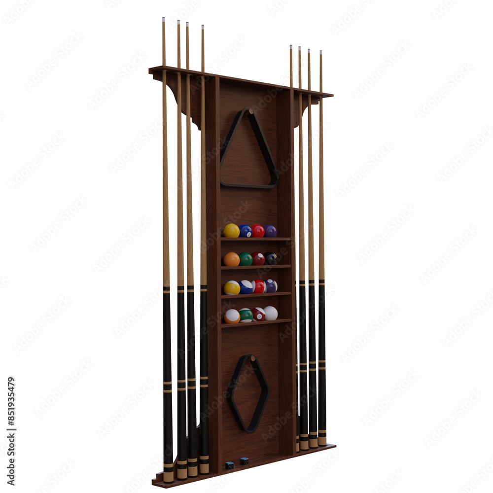 3d render pool accessories on wall rack with transparent background 3d render pool accessories on wall rack with transparent background