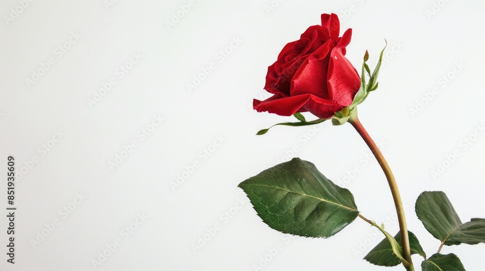 A red rose blossom set against a pure white backdrop A red rose blossom set against a pure white backdrop