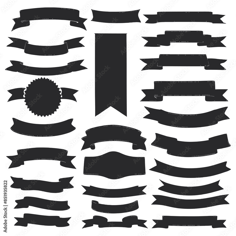 Ribbon silhouette banners set black shape Ribbon silhouette banners set black shape