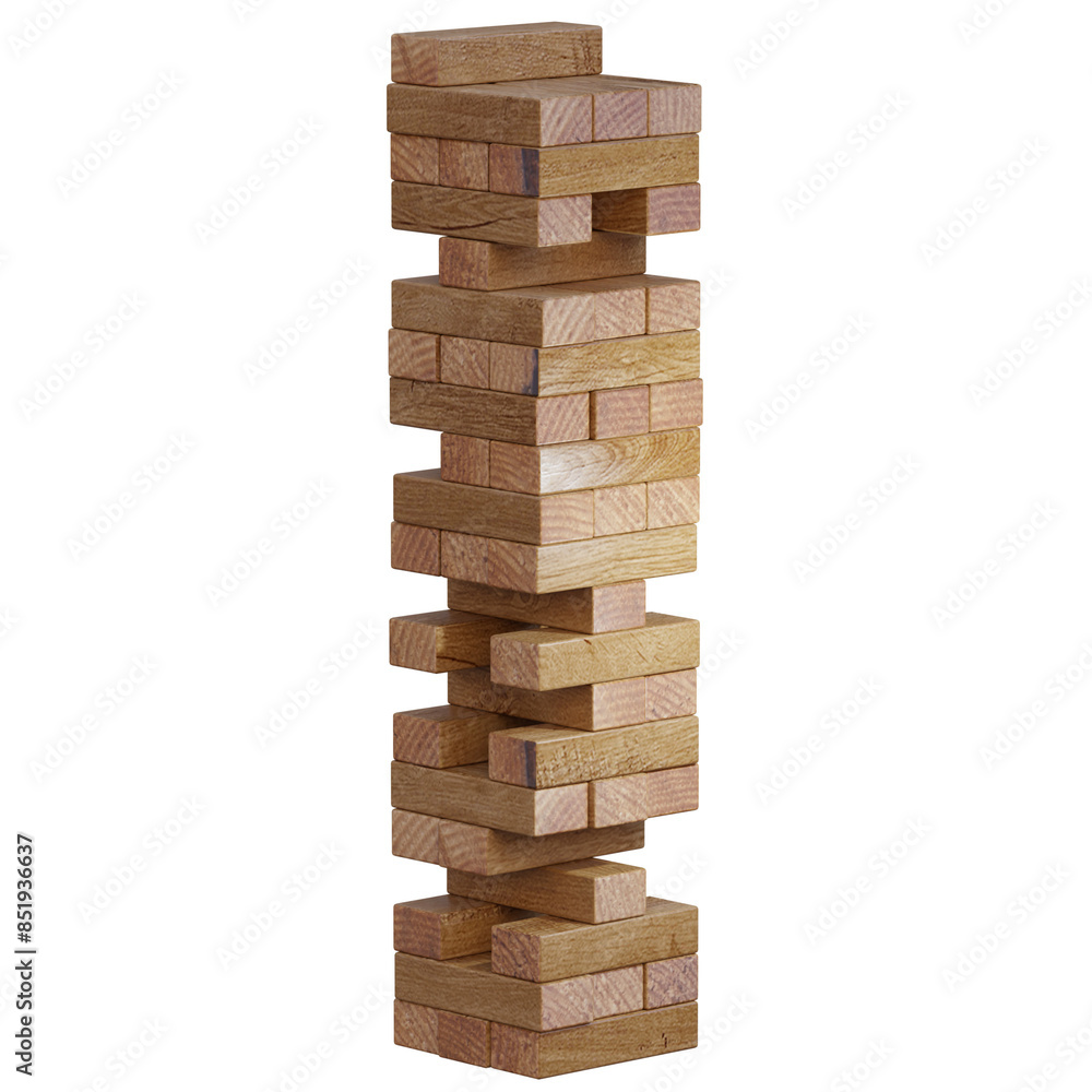 3d render wooden jenga tower with transparent background 3d render wooden jenga tower with transparent background