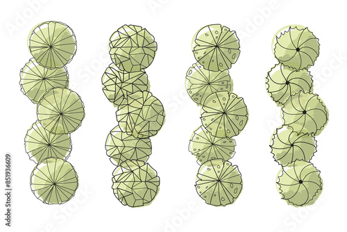 Trees top view plan Architectural and Landscape elements, top view. Collection of houses, plants, garden set 2