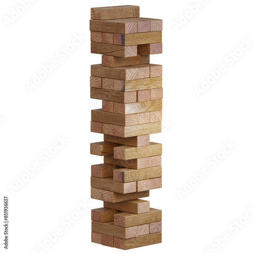 3d render wooden jenga tower with transparent background
