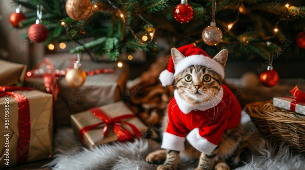 A cute cat, dressed in a Santa Claus costume, sits underneath a Christmas tree adorned with ornaments and lights A cute cat, dressed in a Santa Claus costume, sits underneath a Christmas tree adorned with ornaments and lights