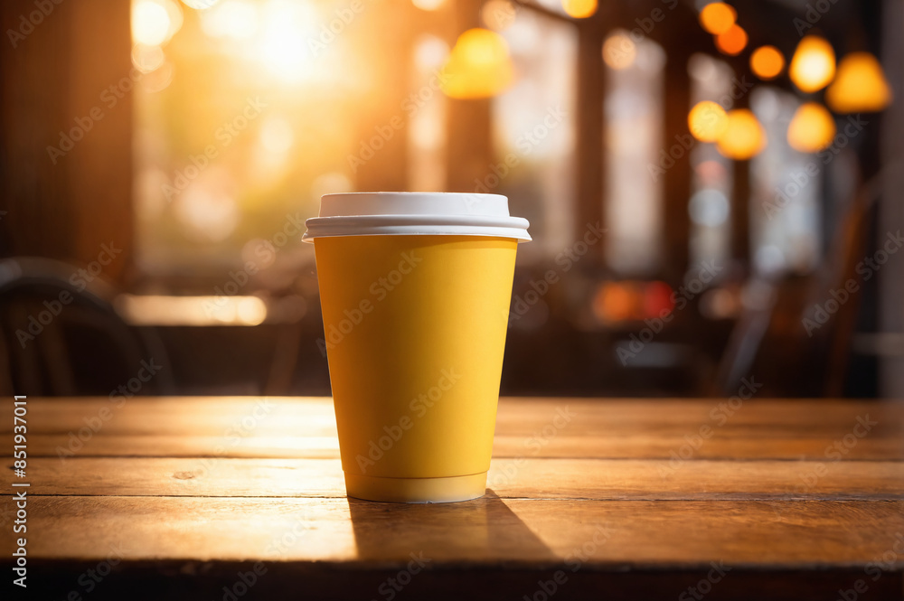 Yellow coffee cup on wooden table in coffee shop at sunset Yellow coffee cup on wooden table in coffee shop at sunset