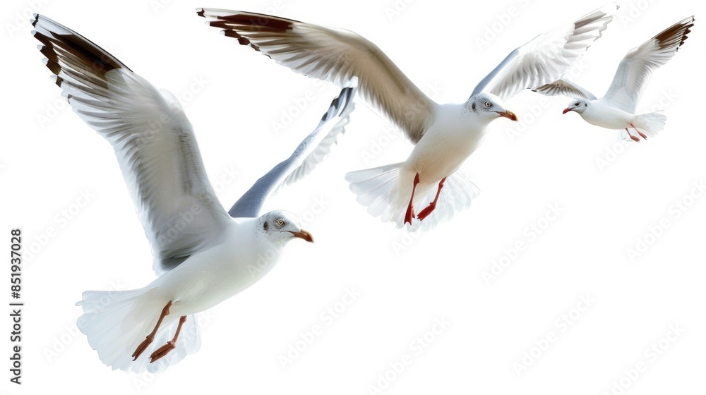 Seagulls Flying Isolated on White Background. Birds with Feather Wings Soaring Over the Sea Seagulls Flying Isolated on White Background. Birds with Feather Wings Soaring Over the Sea